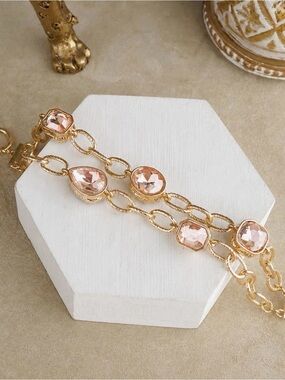 Gold Chain Bracelet with Blush Pink Crystal Accents